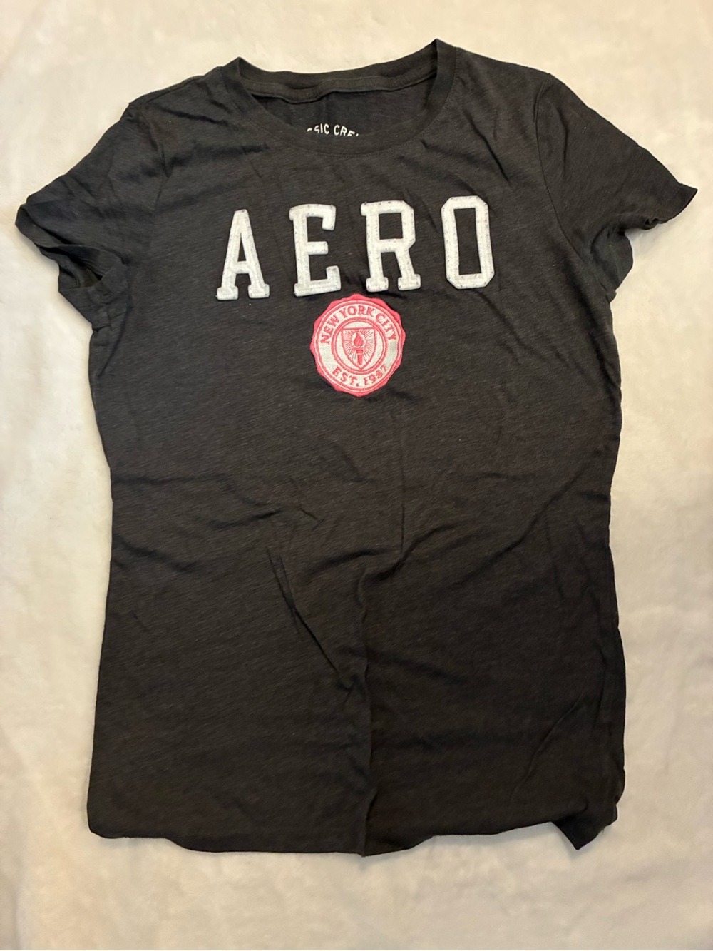 Aeropostale Black Tee with White AERO Letters and Pink Crest